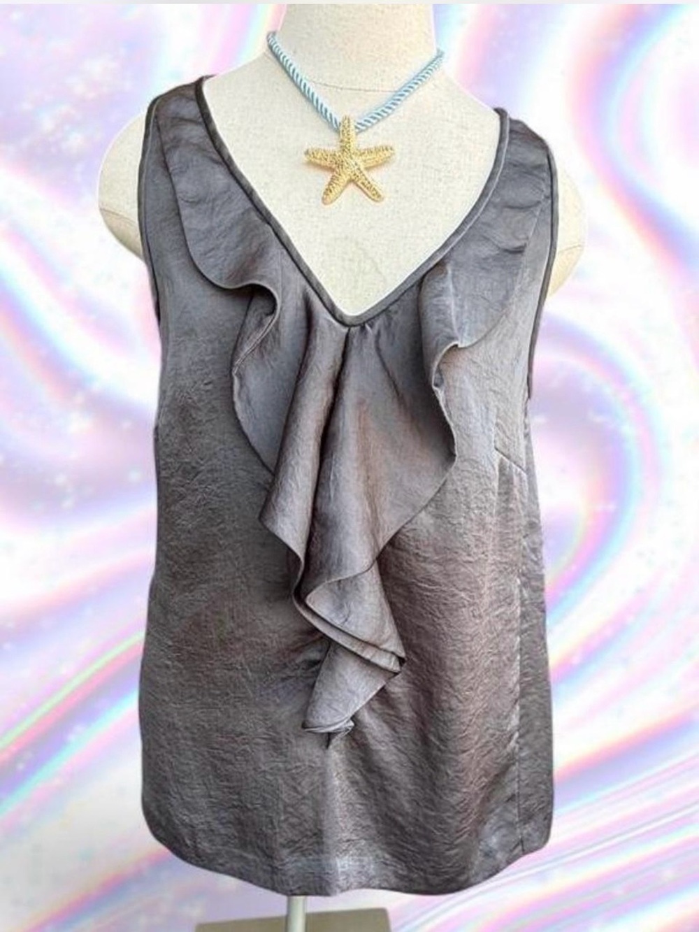 Michael Kors Gray Satin Ruffle V-Neck Camisole